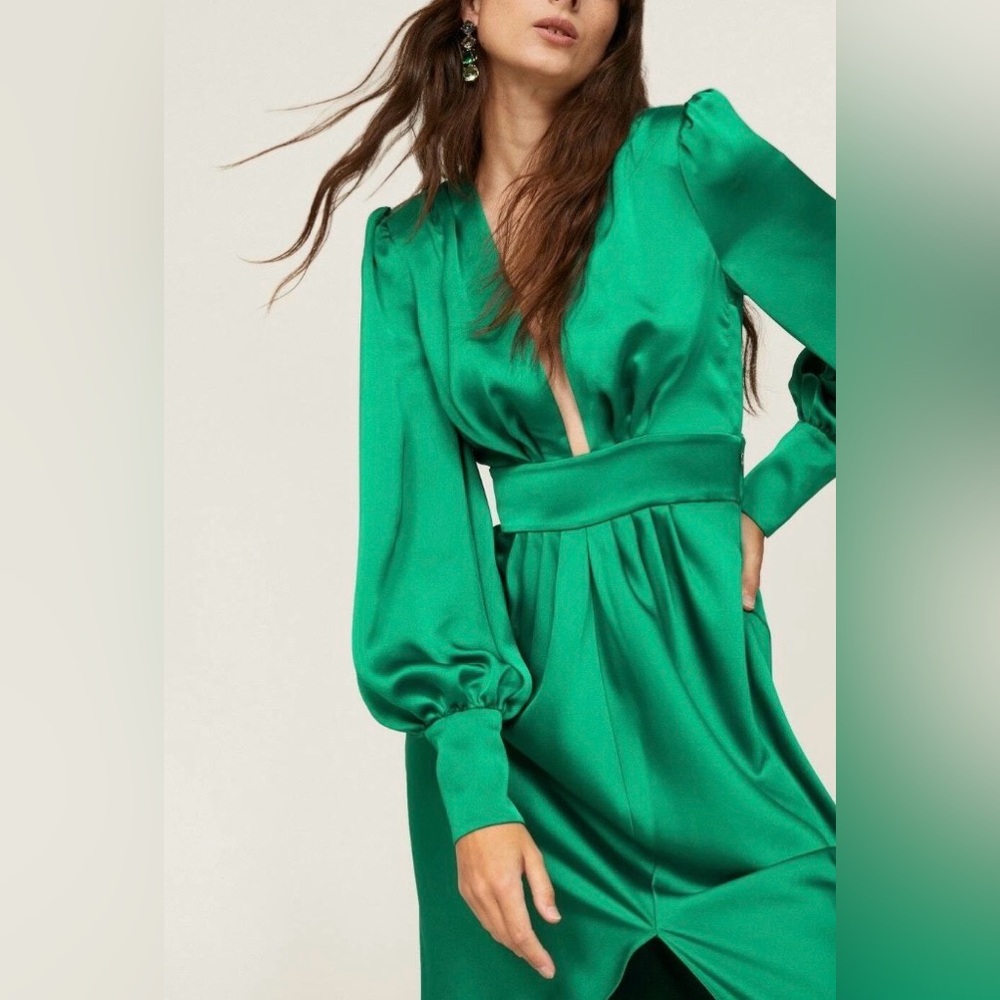 Rami Brooke Madeline Gown Deep V Long Sleeve Green Maxi Dress Size 0 - Picture 4 of 17